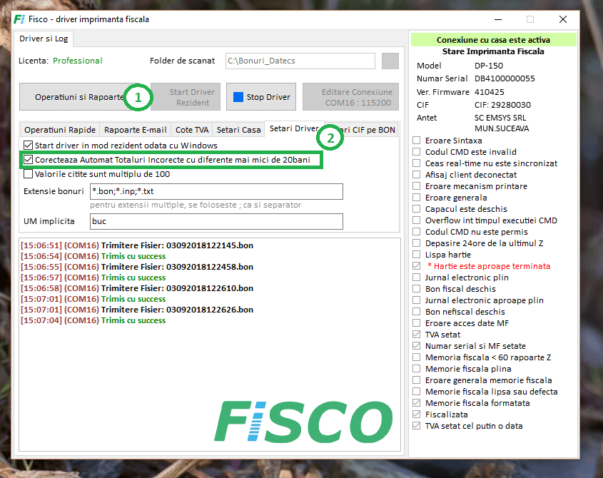 Activare autocorectie totaluri driver datecs Fisco