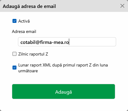 Fisco: adăugarea adreselor de e-mail care primesc lunar exportul XML.