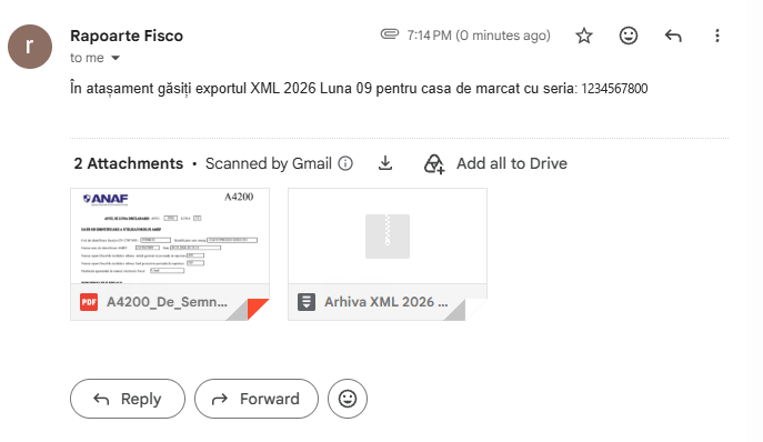 E-mail trimis automat de Fisco cu fișierele XML pentru contabilitate.