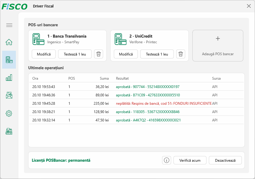 Terminale bancare configurate în Fisco POSBancar